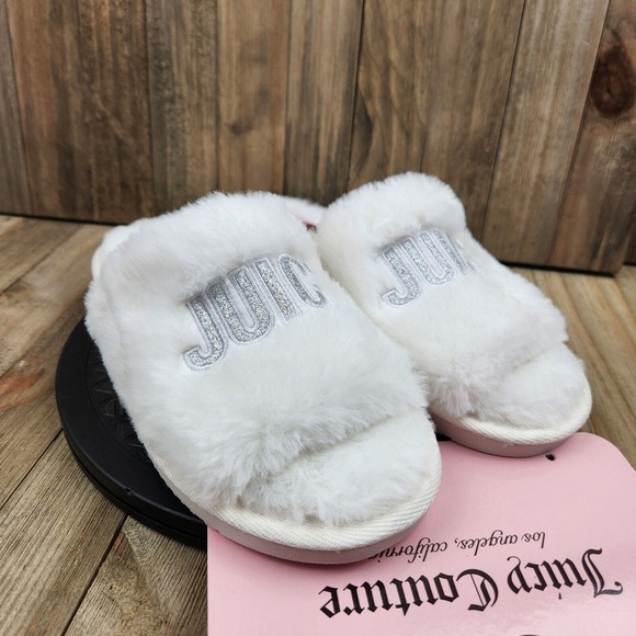 Womens Juicy Couture Eldoris size M Medium 7-8 White Faux Fur Lined Slippers - Picture 3 of 6